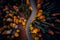 Aerial view of mountain curve road with cars, orange forest at sunset in autumn . AI Generated