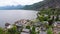 Aerial view of Mountain Lake Wolfgangsee with Houses of Resort Town in Austria, Alps