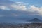 Aerial view of mountain in the morning. Mountains in fog and clouds with stones and rocks foreground.