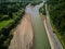 Aerial view of mountain river stream with stones valley landscape, Ukraine