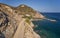 Aerial view on mountain road to cretan village Almirida and Mediterannean sea. Crete, Greece