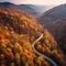 Aerial view of a mountain winding road. Beautiful mountain landscape with a roadway and a foggy horizon. AI generated