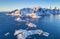 Aerial view on the mountains and sea bay on the Lofoten islands, Norway. Houses and bridges near mountains.