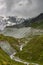 Aerial view of mountainscape below Lac de Moiry in the Swiss Alps. CH Switzerland