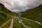 Aerial view of mountainscape below Lac de Moiry in the Swiss Alps. CH Switzerland