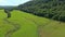Aerial view moving slowly, with a drone, high above  the green field in the country