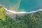 Aerial view of Muaracikepuh beach at Ciletuh, West Java, Indonesia. Ciletuh belong to Unesco Global Geopark.