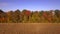 Aerial view of multi-colored autumn trees share plowed fields.