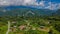 Aerial view of Mulu village with forest and mountains near Gunung Mulu national park. Borneo. Sarawak.