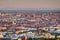 Aerial view of Munich outskirts and historic center at sunset