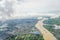 Aerial view Myanmar landscape from the airplane, cloud, land, river, architecture