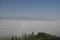 Aerial view of a mysterious foggy green forested hillside