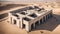 aerial view of na abandoned ruined concrete industrial brutalist building in desert landscape