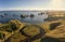 Aerial view the Nameless Bay on Shikotan Island, Kuril Islands, panoramic image