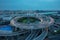 Aerial view of Nanpu Bridge at dusk, landscape of the modern Shanghai city skyline. Beautiful night view of the busy bridge across