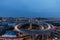 Aerial view of Nanpu Bridge at dusk, landscape of the modern Shanghai city skyline. Beautiful night view of the busy bridge across