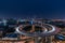 Aerial view of Nanpu Bridge at dusk, landscape of the modern Shanghai city skyline. Beautiful night view of the busy bridge across