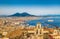 Aerial view of Naples with Mount Vesuvius at sunset, Campania, Italy