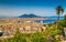 Aerial view of Napoli with Mount Vesuvius at sunset, Campania, Italy