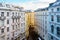 Aerial view of narrow street in the center of Vienna, Austria with historical residential houses