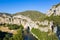 Aerial view of Narural arch in Vallon Pont D`arc in Ardeche canyon in France