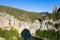 Aerial view of Narural arch in Vallon Pont D`arc in Ardeche canyon in France