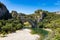 Aerial view of Narural arch in Vallon Pont D`arc in Ardeche canyon in France