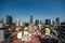 Aerial view of a neighborhood called Colonia Juarez in Mexico City, Mexico, on a sunny morning with some haze.