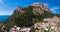 Aerial view Nerano village, Infrastructure of a small town in the south of Italy, old houses, tight construction, mountain and sea