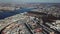 Aerial view of the Neva river, bridges and other modern and historical buildings of Saint Petersburg city. Saint