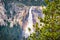 Aerial view of Nevada Fall, Yosemite National Park, Sierra Nevada mountains, California; People visible on the hiking trail on the