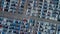 Aerial view new cars parking for sale stock lot row, New cars dealer inventory import export business commercial global,