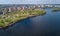 Aerial view of new modern residential Obolon district near Dnieper river in Kiev city, Kyiv cityscape, Ukraine