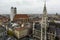 Aerial view of the New Town Hall Rathaus and the Frauenkirche in the Altstadt of Munich, Germany. October 2014