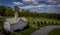 Aerial View of a New Vineyard and Gazebo With 2 Small Barns With Cupolas