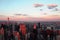 Aerial view of New York skyline under dusk sunlight