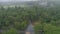 Aerial View of a Newly Rebuilt Covered Bridge by Restored Rail Road Tracks