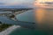 Aerial view of Nokomis beach and South and North Jetty in Sarasota County, USA. Many people enjoing vacation time