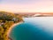 An aerial view of Noosa National Park at sunset in Queensland Australia