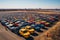 Aerial view of numerous colorful cars parked in the desert parking lot, scenic view of rows of cars