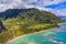 Aerial view of Oahu coastline and mountains in Honolulu Hawaii