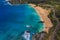 Aerial view of Oahu coastline and mountains in Honolulu Hawaii