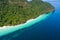 Aerial view ocean waves, beach and rocky coastline and beautiful forest. Nyaung Oo Phee Island Myanmar Tropical seas and islands