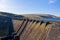 Aerial view ofClaerwen Dam on a bright sunny day in march 2020, Elan Valley