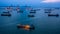 Aerial view oil / chemical tanker in open sea at night, Refinery Industry cargo ship