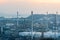 Aerial view of Oil and gas industry - refinery at sunset - factory - petrochemical plant, Shot from drone of Oil refinery and