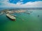 Aerial view of oil tanker moored at industrial port. Williamstown, Victoria, Australia.