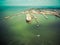 Aerial view of oil tanker moored at industrial port. Williamstown, Victoria, Australia.