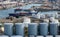 Aerial view of an oil tanker moored at an oil storage silo terminal port