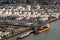 Aerial view of oil tankers moored at an oil storage silo terminal port